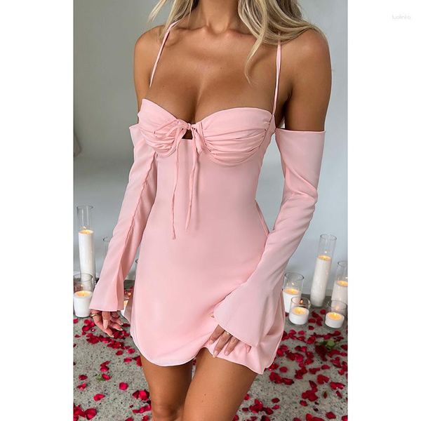 Robes décontractées Spaghetti Strap Sexy à manches longues fête d'anniversaire Club col en v Mini robe courte pour les femmes dos nu mince en gros