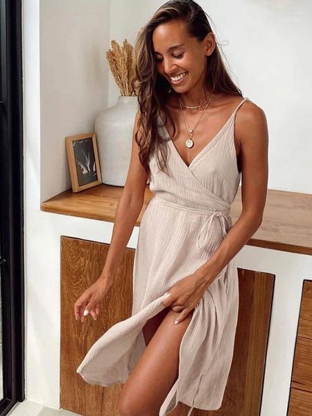 Vestidos casuales Correa de espagueti Sexy Summer Sundress Lace-Up Women Wrap Dress Home Wear con cuello en V Noche Ropa de dormir Mujer 2023