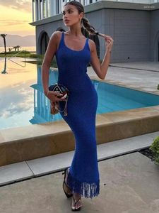 Casual Jurken Spaghetti Sparkle Maxi Jurk Vrouwen Elegant Blauw Mouwloos Kwasten Zomen Lange Mode Sexy Party Club