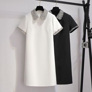 Casual jurken sprankelende diamanten kralen Peter pan nek kort zomer elegant modekantoor dames eenvoudige t -shirt jurk 230511151