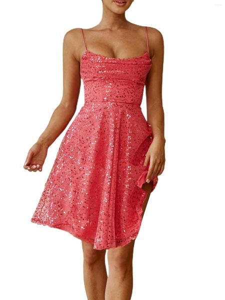 Mini robe moulante sans manches scintillante avec coupe en V basse et bretelles spaghetti pour femmes - Perfect Parties Clubbing