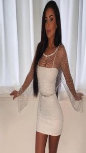 Casual jurken Sparkly Rhines Hollow Out Fishnet Dress Women Long Sleeve O Neck Mini 2021 Summer Beach Party Club177322222