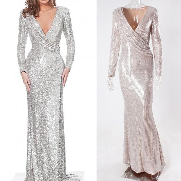 Robes décontractées Sparkly Silver Sequin manches longues femmes robe élégante 2023 mode Sexy col en V froncé Wrap moulante fête de mariage Designer