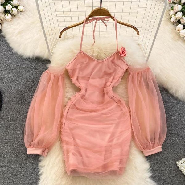 Vestidos casuales Spice Girl's Streetwear Vestido corto rosa Diseño de moda Hombro Hollow Out Sexy Summer Sling Spring