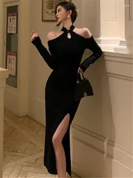 Robes décontractées Spirng élégant à manches longues noir tricots pull robe d'épaule femmes Y2K fête mode dame sexy vêtements minces