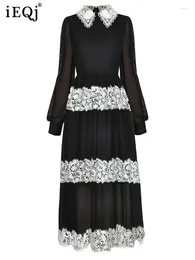 Casual jurken gesplitst kant zwart wit contrasteren voor vrouwen revers met lange mouwen puffy jurk 2024 lente kleding 3WQ9398
