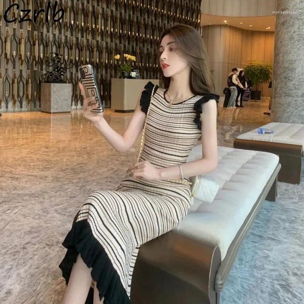 Vestidos informales empalmados Ruched sin mangas Midi Mujeres Fashion Fashion Slim Slim Leisure Young All-Match Frock Frock Ladies Ins Chic