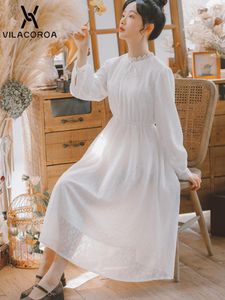 Robes décontractées Épissage Semi Stand-Up Collier Femme Robe en dentelle Vintage Doux Manches longues à l'intérieur Blanc Bowknot A-Line Femme