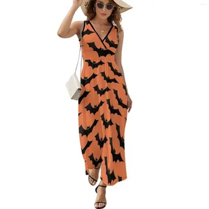 Casual jurken Spookachtige Halloween -jurk Zomer Zwart Oranje Bat Fashion Boho Beach Lang vrouwelijk mouwloos patroon Modern Maxi