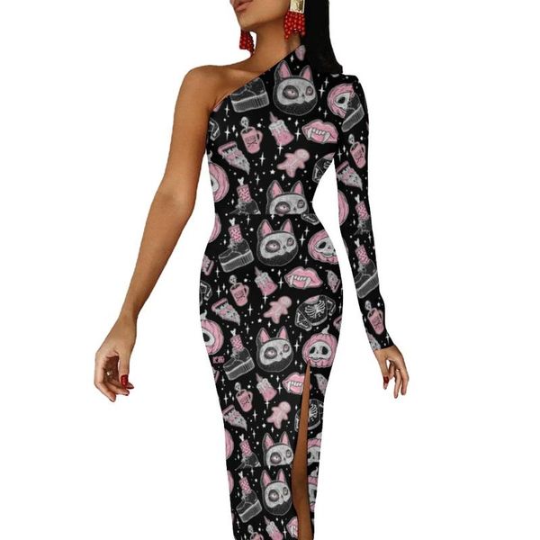 Vestidos casuales Vestido ajustado de esqueleto espeluznante Primavera Calabaza Spooks y Creeps Sexy High Slit Vestido largo de fiesta con estampado de manga para mujer Casual