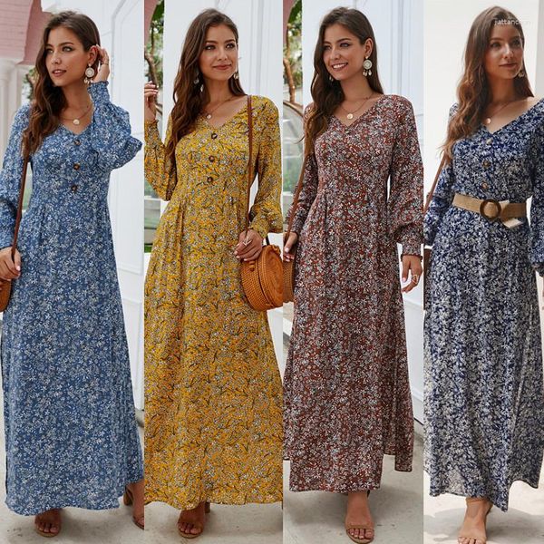 Robes décontractées Spot 2023 Printemps Et Automne Européen Américain Pull À Col En V À Manches Longues Robe Florale