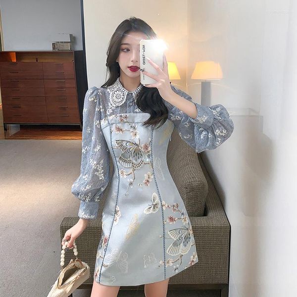 Robes décontractées printemps 2023 français dentelle perlée revers lanterne manches Style chinois imprimé brodé Cheongsam robe moderne Vestidos