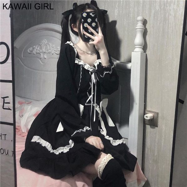 Robes décontractées printemps 2023 Kawaii Lolita robe femmes doux mignon à volants noir mince dentelle arc OP doux fille Cosplay femme de chambre Mini
