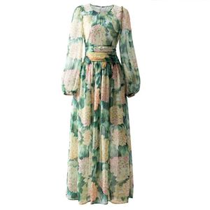Casual jurken lente en zomer prachtige hortensia chiffon zijden afdruk ronde nek lange jurk damesueel