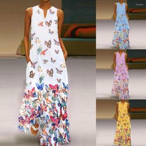 Robes décontractées printemps et d'été de style européen américain peinture de papillon robe imprimé papillon V poche sans manches