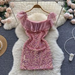 Robes décontractées Printemps et été Version coréenne de la mode douce à volants robe à col à un mot femme industrie lourde paillettes jupe mince