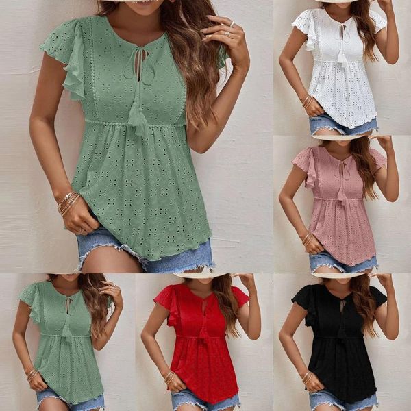 Vestidos casuales Primavera y verano Manga corta Cuello en V Plisado Plisado Color Sólido Camiseta suelta Top