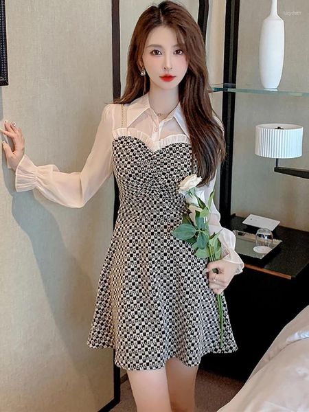 Vestidos casuales Primavera Otoño Negro Plaid Polo Collar Camisa Vestido Mujeres Chic Ruffled Sexy Mini Robe 2023 Coreano Elegante Oficina Lady