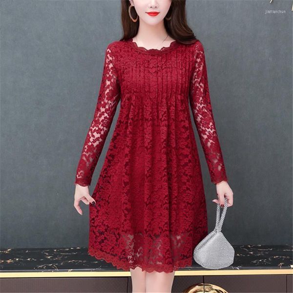 Vestidos casuales Primavera Otoño Ropa Mujer Hollow Out Crochet Vestido básico Office Lady Belly Black Red Lace Vintage Retro Túnica Peplum