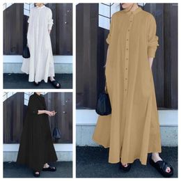Robes décontractées printemps automne-chemise en coton Abayas pour femmes caftan solide simple polyvalent robe lâche musulmane abaya tempérament long