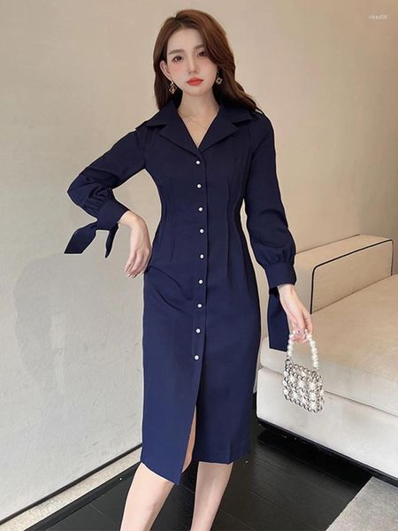 Vestidos casuales Primavera Otoño Elegante Vestido de mujer Profesional Vintage Botón formal Slim Midi Commute Street Robe Femme Mujer Vestidos