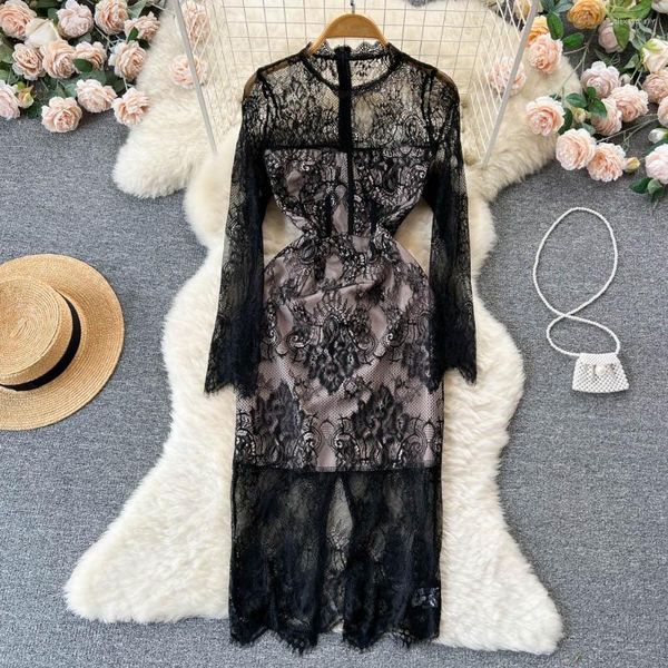 Robes Décontractées Printemps Automne Mode Coréenne Chic Mince Dentelle Sexy Robe Femmes Col Rond À Manches Longues Noir Cothes Vestidos De Fiesta J324