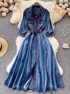 Casual jurken lente herfst mode vintage elegante denim a-line feest vakantie gewaad vrouwen polo lange mouw hoge taille knop jurk