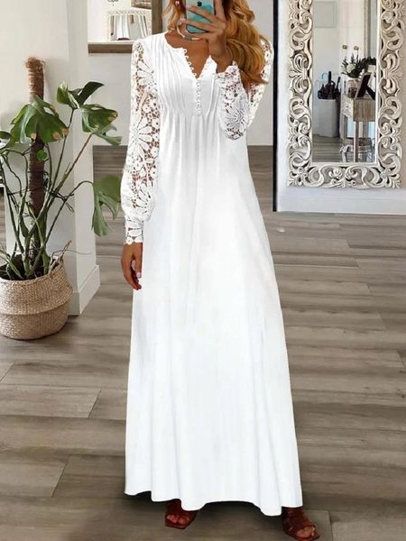 Robes décontractées printemps automne imprimé fleuri longue robe Boho col en v manches dentelle Patchwork fête pour les femmes mode vacances Maxi