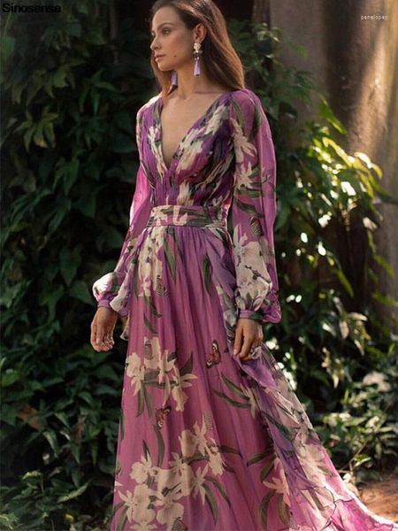 Robes décontractées printemps automne imprimé floral robe maxi sexy v cou mande long manche long uniquement lâche boho boho élégant fête flowy