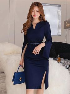 Abiti casual Primavera Autunno Lavoro formale Stile Abito a tubino Donna Abbigliamento donna Elegante Pendolarismo Semplice scollo a V Slim fessura Midi Mujer Vestido