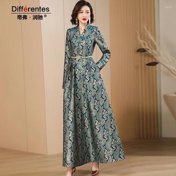 Robes décontractées printemps automne jacquard piste longue robe v couche Velles de cou soir pleine longueur magnifique floral vintage slim ajustement