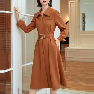 Robes décontractées printemps automne robe à manches longues femmes vêtements revers tempérament mode élégante couleur Pure une entreprise de bureau coréen