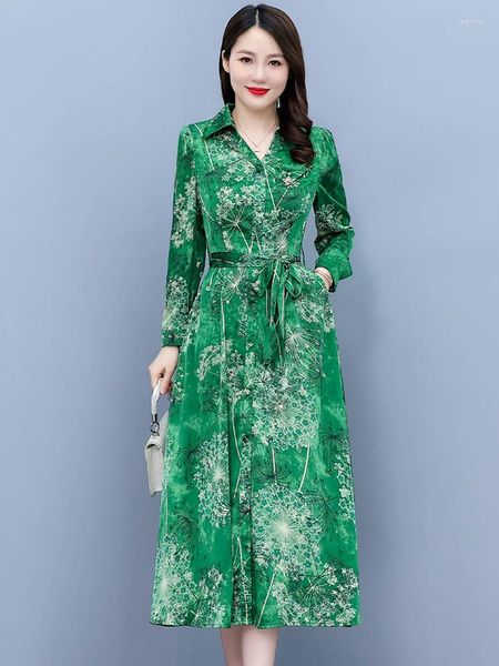 Vestidos casuales primavera otoño satén manga larga bata mujer lujo Floral fiesta noche Midi vestido 2023 verde azul elegante Bodycon