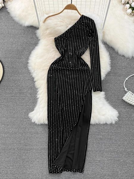 Vestidos casuales Spring Autumn Sexy Club Party Fashion Fashion Oblique Handuling Diamond Diamond Gold Velvet Deportado Bodycon Vestido Long Robe