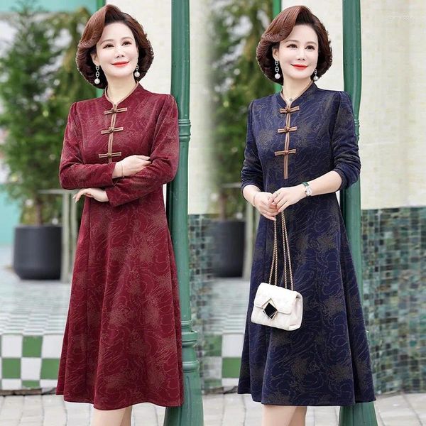 Robes décontractées Printemps Automne Slim Fit Grande Taille Robe Vintage Moyen et Vieillesse Femmes Mode Qipao Collier Jupe À Manches Longues