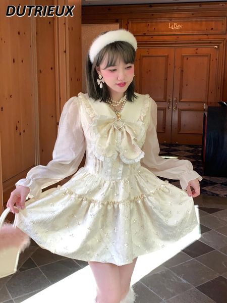 Vestidos casuales Spring Autumn Sweet Kawaii Vestido corto Mori Girl Girl Bow Princess Fairy French Manga larga Patrón oscuro