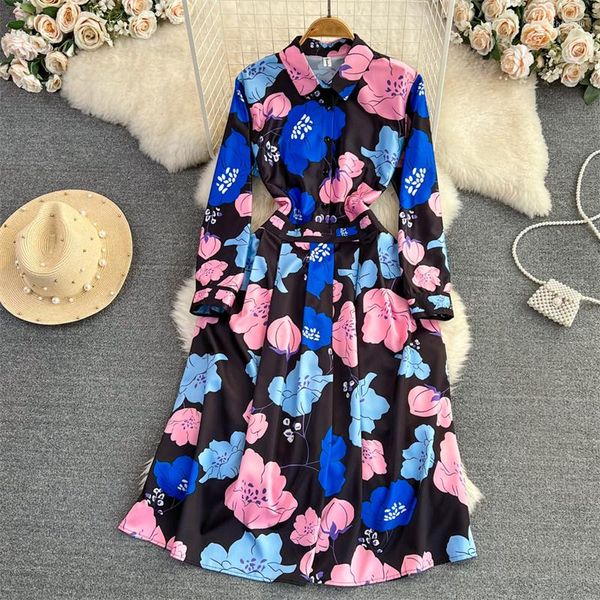 Vestidos casuales Primavera Otoño Vintage Estampado de flores Mujeres Vestido largo Negro Moda Solapa Manga Coreana Mediados de longitud Vestidos femeninos