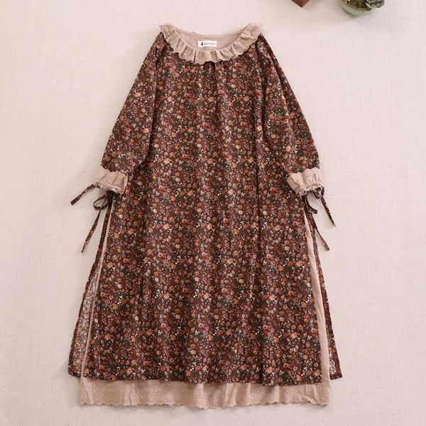 Vestidos informales Spring Autumn Vintage Estilo japonés Mori Mori Floral Impress Vestido Mujer algodón de cuello al algodón