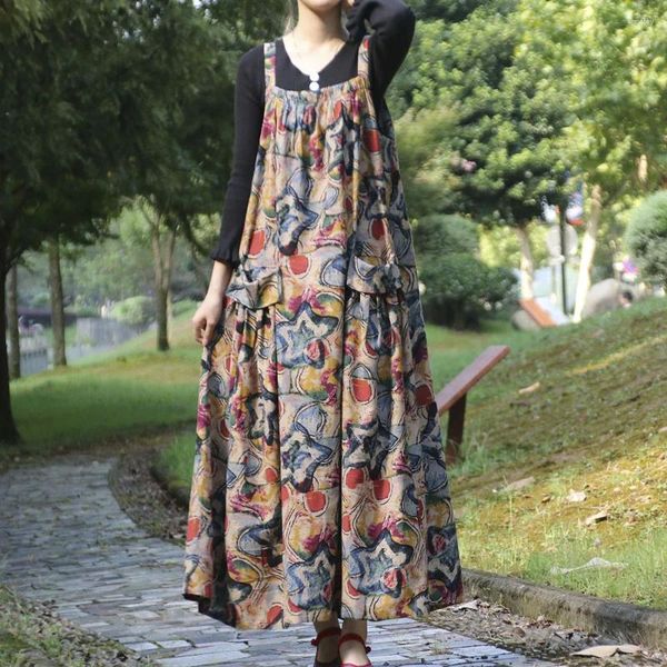 Robes décontractées Printemps Automne Femmes Coton Lin Sun Robe Vintage Floral Imprimer Sans Manches Jarretelles Femelle Style Ethnique Longues Robes