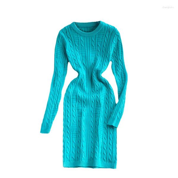 Robes décontractées printemps automne femmes à manches longues robe de base mince de haute qualité mode pull tricoté au crochet torsadé