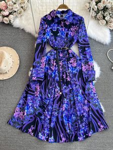 Vestidos informales Spring Autumn Mujeres impresas Midi Vestido Vintage Collar con un solo pecho Manga larga ALTA ALTA A-LINE Big Swing Robe