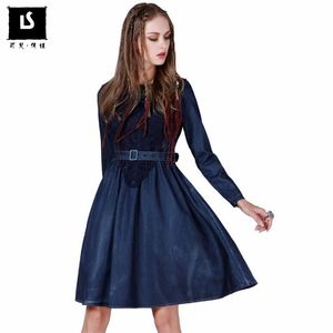 Vestidos casuales Primavera Otoño Mujeres Suave Denim Vestido Cinturón Slim Vintage Manga larga A-Line Elegante Tallas grandes Vestidos