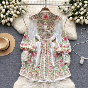 Casual jurken Spring herfst vrouwen V-hals korte jurk 2023 Runway mode bloemenprint lange lantaarn mouw mini-vestid met enkele borsten