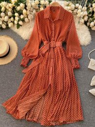 Robes décontractées printemps automne femmes Vintage Maxi Robe de soirée à manches longues Orange à pois plissé soirée noir Vestidos Femme mode Robe