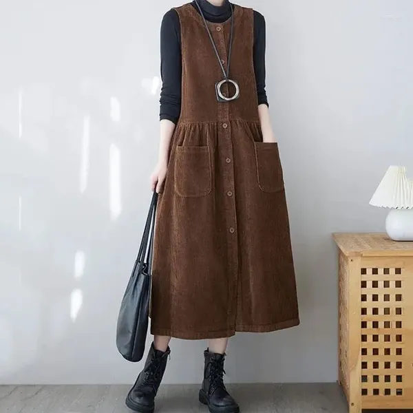 Casual Dresses Spring Autumn Womens Corduroy Dress Vestidos Retro Fashion Femal Long Single-Breasted Sleeveless Vest