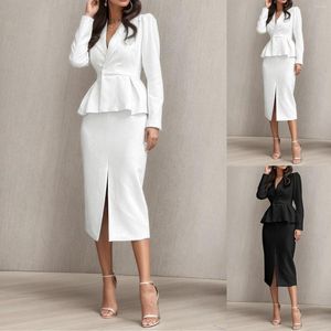 Vestidos casuales Primavera Otoño Trajes de falda para mujer Elegante elegante Lady Blazer Hip Wrap Slit Traje Entrevista Collar Vestido frontal abierto