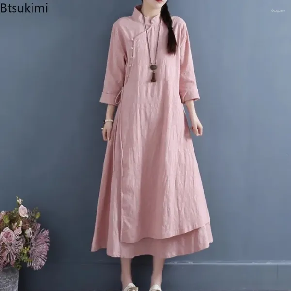 Vestidos casuales Vestido de estilo chino para mujeres Fashion Vintage Collar Collar de algodón de manga larga Faldas largas Hanfu femenina Elegante