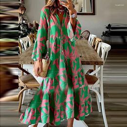 Casual Jurken Lente Contrast Afdrukken Zoom Geplooide Lange Jurk Vrouwen Sexy V-hals Knop Party Maxi Zomer Flare Mouw Losse Boho