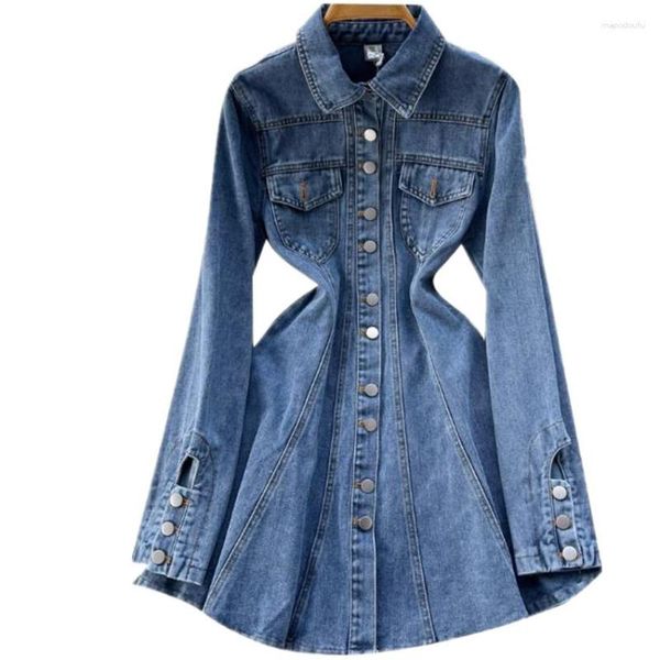 Robes décontractées printemps robe en jean femmes simple boutonnage taille mince à manches longues A-line