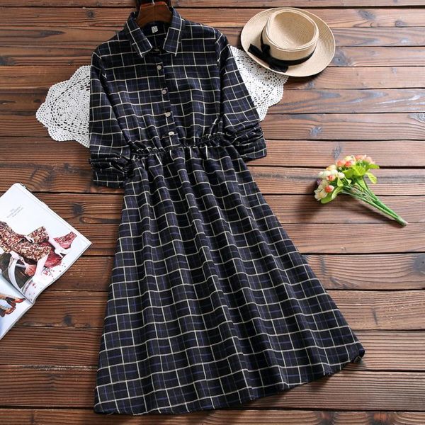 Vestidos casuales primavera elegante Midi Plaid vestido moda manga larga Mori Girl Vestidos